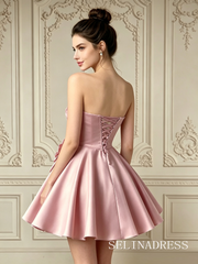Pink A-line Sweetheart Satin Bow Homecoming Dress TTL003|Selinadress