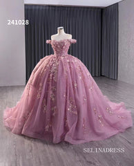 Pink Beaded Floral Wedding Dress Off the Shoulder Quinceanera Dress 241028|Selinadress