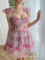 Pink Floral Homecoming Dress Straps Tulle Short Prom Dress EWR410|Selinadress