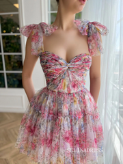Pink Floral Homecoming Dress Straps Tulle Short Prom Dress EWR410|Selinadress