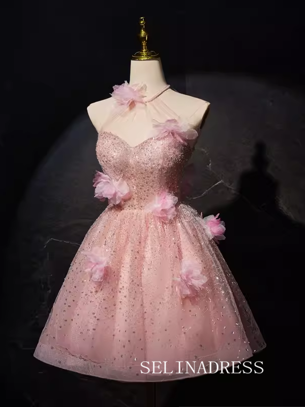 Pink Floral Sequin Blossom Homecoming Dresses Halter Neck 3D Flower Dress #SEW1267|Selinadress