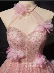 Pink Floral Sequin Blossom Homecoming Dresses Halter Neck 3D Flower Dress #SEW1267|Selinadress
