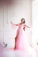 Pink Maternity Dress Tulle Long Train Long Sleeve Prom Dresses Cheap Evening Dresses #LPO001|Selinadress