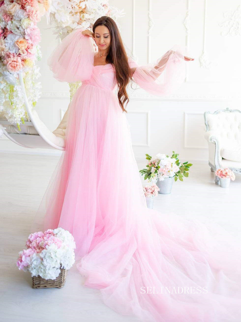 Pink Maternity Dress Tulle Long Train Long Sleeve Prom Dresses Cheap Evening Dresses #LPO001|Selinadress