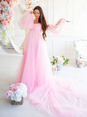 Pink Maternity Dress Tulle Long Train Long Sleeve Prom Dresses Cheap Evening Dresses #LPO001|Selinadress