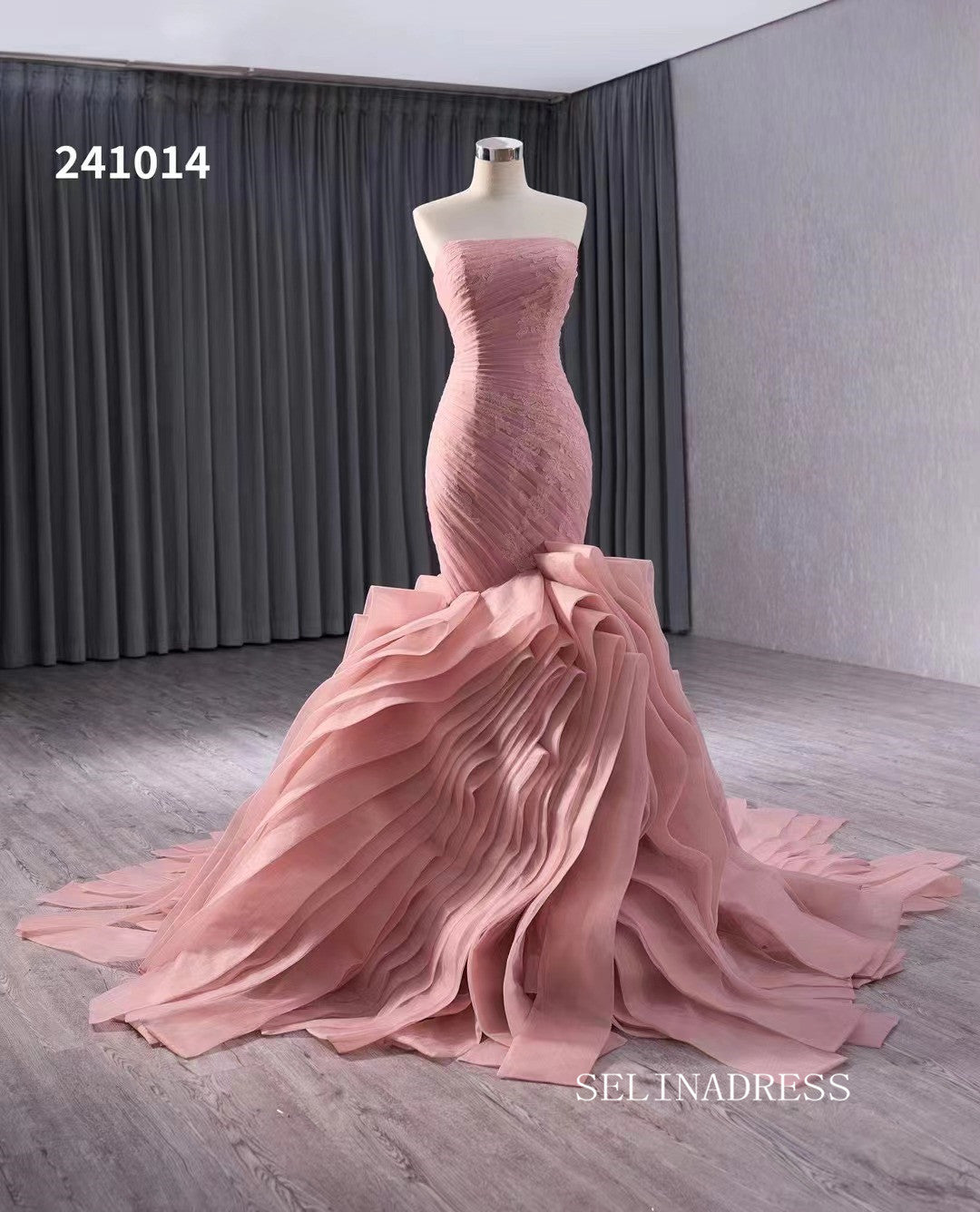 Pink Mermaid Lace Wedding Dresses Tiered Strapless Pageant Dress 241014|Selinadress