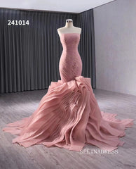 Pink Mermaid Lace Wedding Dresses Tiered Strapless Pageant Dress 241014|Selinadress