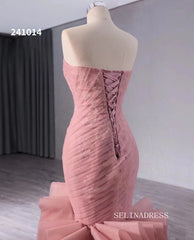 Pink Mermaid Lace Wedding Dresses Tiered Strapless Pageant Dress 241014|Selinadress
