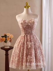 Pink Off-the-shoulder Lace Homecoming Dresses Flower Hoco Dress Cocktail Dress #TKL1891|Selinadress