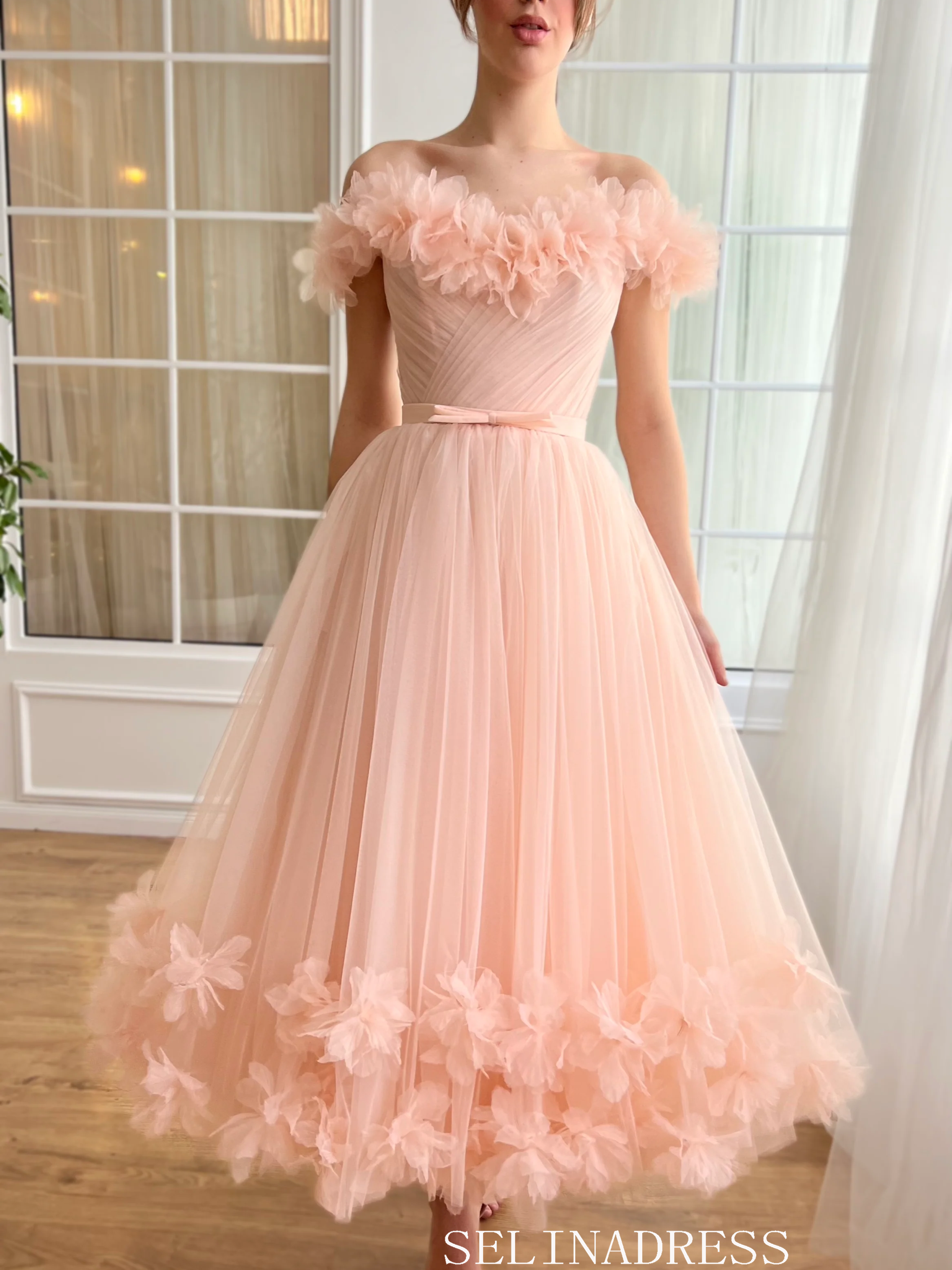 Pink Off-the-shoulder Short Wedding Dress Tea Length Tulle Prom Dresses Princess Evening Gowns EWR314|Selinadress