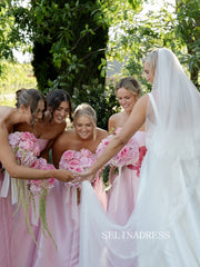 Pink Strapless Long Bridesmaid Dress With Floral Cheap Bridesmaid Dresses BRA001|Selinadress