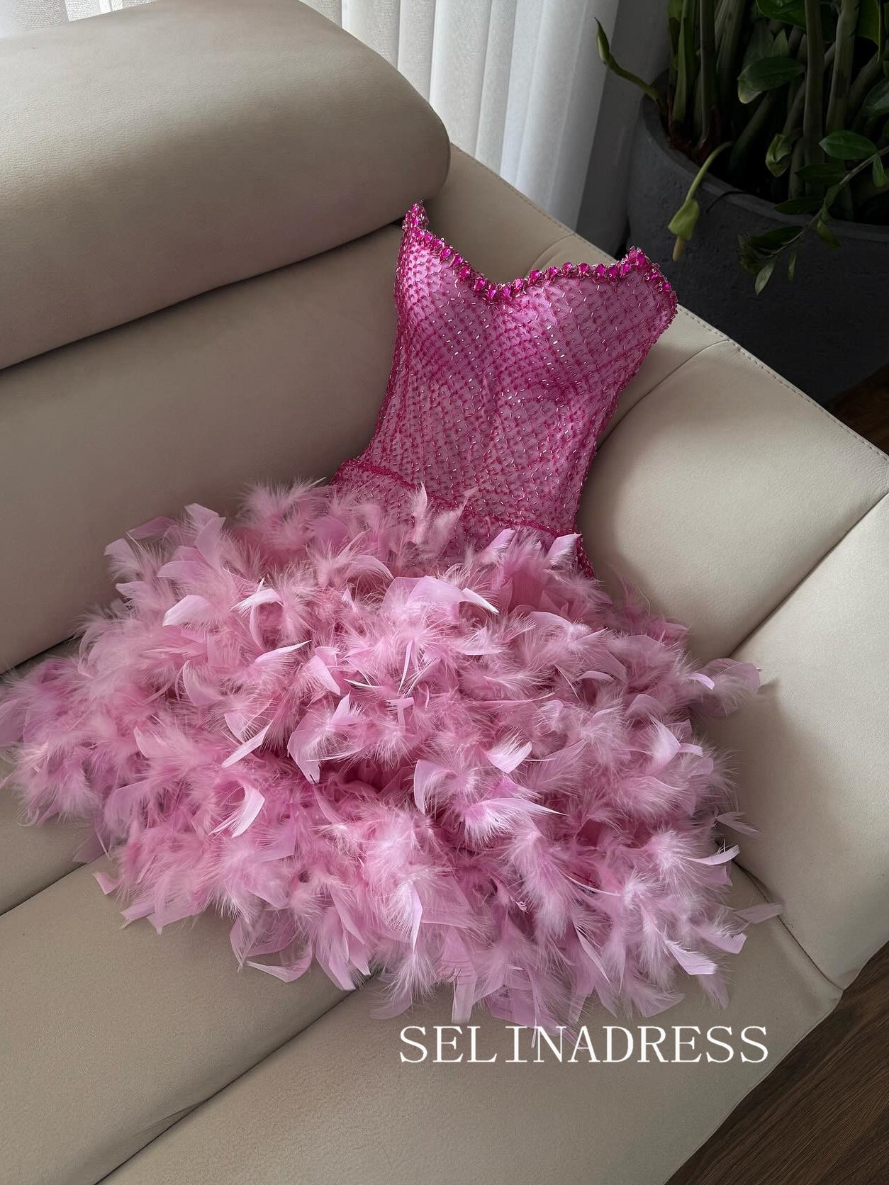 Pink Strapless Short Homecoming Dresses With Beaded Feather Hoco Dress #REN005|Selinadress
