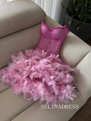 Pink Strapless Short Homecoming Dresses With Beaded Feather Hoco Dress #REN005|Selinadress