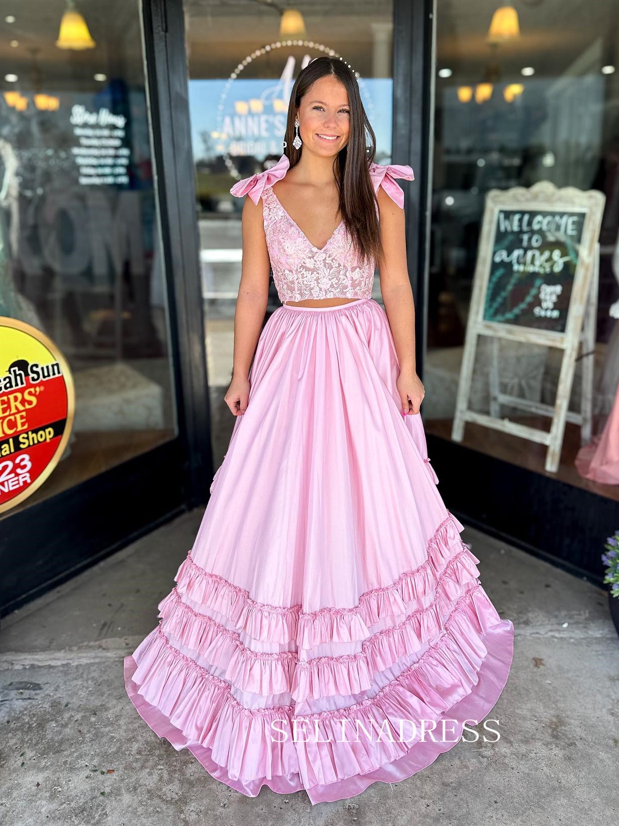 Pink Two Pieces V neck Long Prom Dress With Ruffles Lace Evening Dress ABB020|Selinadress