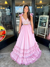 Pink Two Pieces V neck Long Prom Dress With Ruffles Lace Evening Dress ABB020|Selinadress