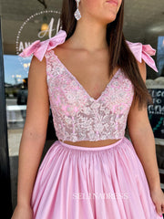 Pink Two Pieces V neck Long Prom Dress With Ruffles Lace Evening Dress ABB020|Selinadress