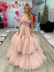 Dusty Pink Tiered Ruffle Tulle Prom Dresses Beaded Waist Evening Dress ann320