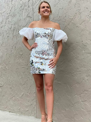Puff Sleeve Silver Cut Glass Mirror Short Homecoming Dress #TKL0132|Selinadress