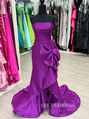 Purple Satin Mermaid Prom Dress with Oversized Bow Detail & Sweep Train SEA216|Selinadress