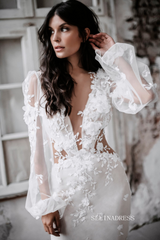 Romantic Beach Wedding Dress Bridal Lace Applique Tulle Long Sleeves Bride Dresses Wedding Gowns ASK003|Selinadress