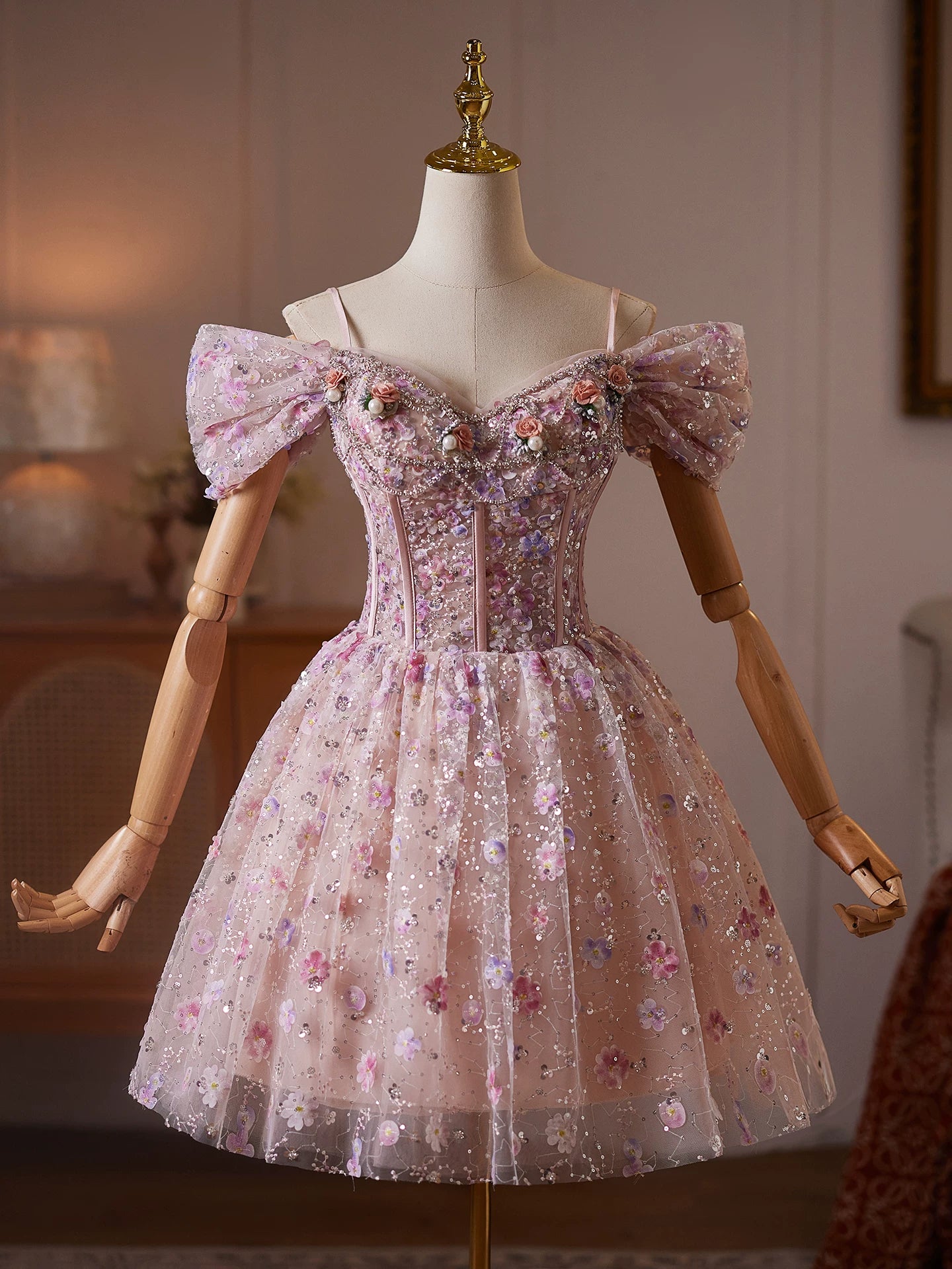 Romantic Pink Floral Embellished Tulle Mini Dress with Off-the-Shoulder Sleeves and Corset Back TYL066|Selinadress