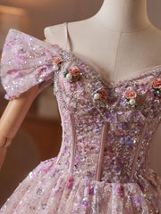 Romantic Pink Floral Embellished Tulle Mini Dress with Off-the-Shoulder Sleeves and Corset Back TYL066|Selinadress