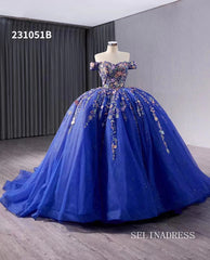 Royal Blue Applique Floral Lace Wedding Dresses Off the Shoulder Quinceanera Dress 231051B|Selinadress