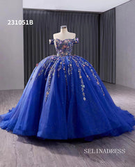 Royal Blue Applique Floral Lace Wedding Dresses Off the Shoulder Quinceanera Dress 231051B|Selinadress