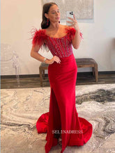 Royal Blue Feathered Shoulder Beaded Long Prom Gown With Side Slit SEW1047|Selinadress