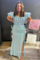 Royal Blue Feathered Shoulder Beaded Long Prom Gown With Side Slit SEW1047|Selinadress