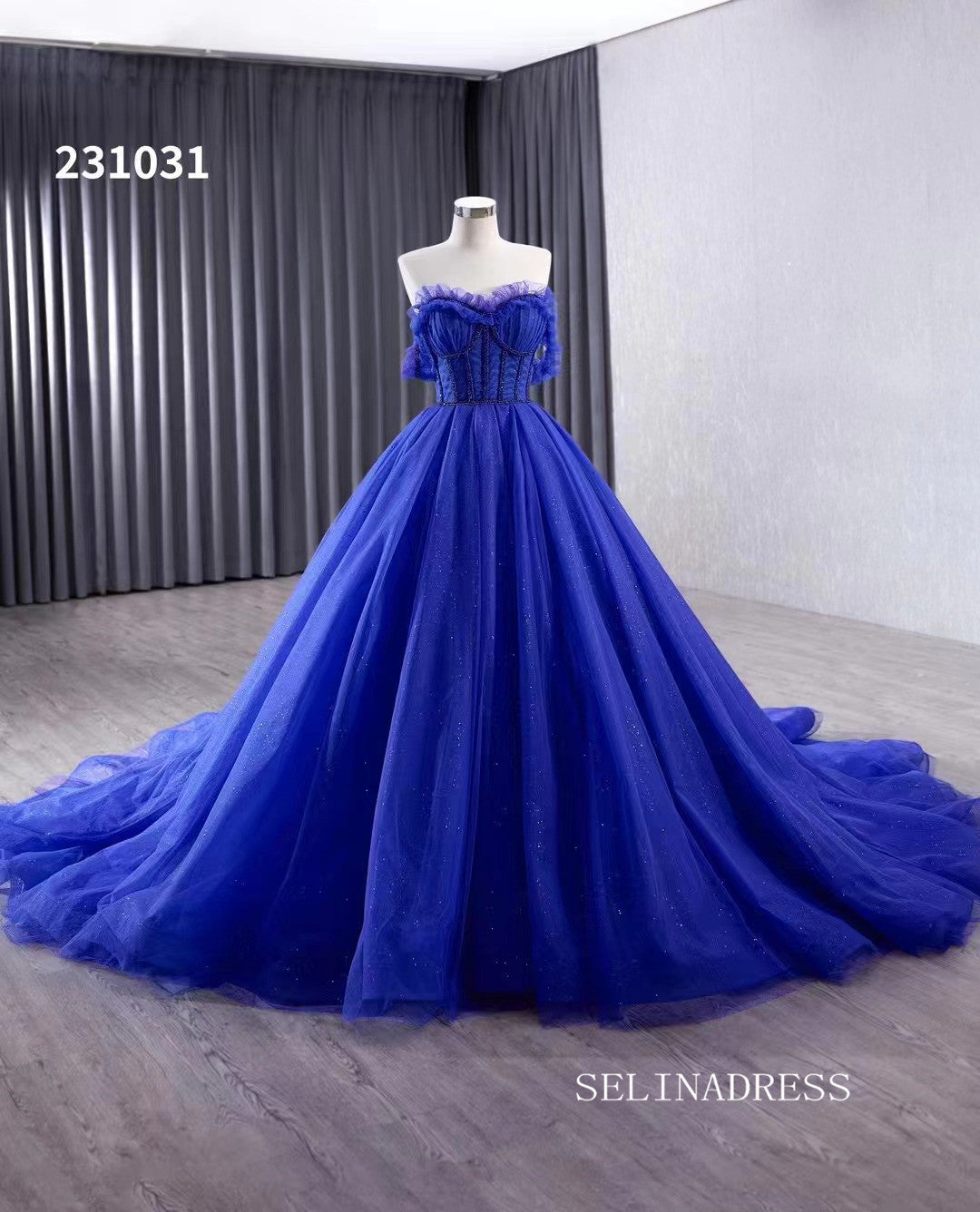 Royal Blue Sparkly Tulle Wedding Gown Off the Shoulder Quinceanera Dress 231031|Selinadress