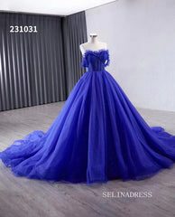 Royal Blue Sparkly Tulle Wedding Gown Off the Shoulder Quinceanera Dress 231031|Selinadress