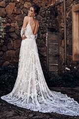 Scoop Neckline Ivory Bohemian Open Back Lace Wedding Dress SEW0202|Selinadress