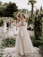 See through Lantern Sleeve Backless Court Train Wedding Dress Bridal Gown SEW028|Selinadress