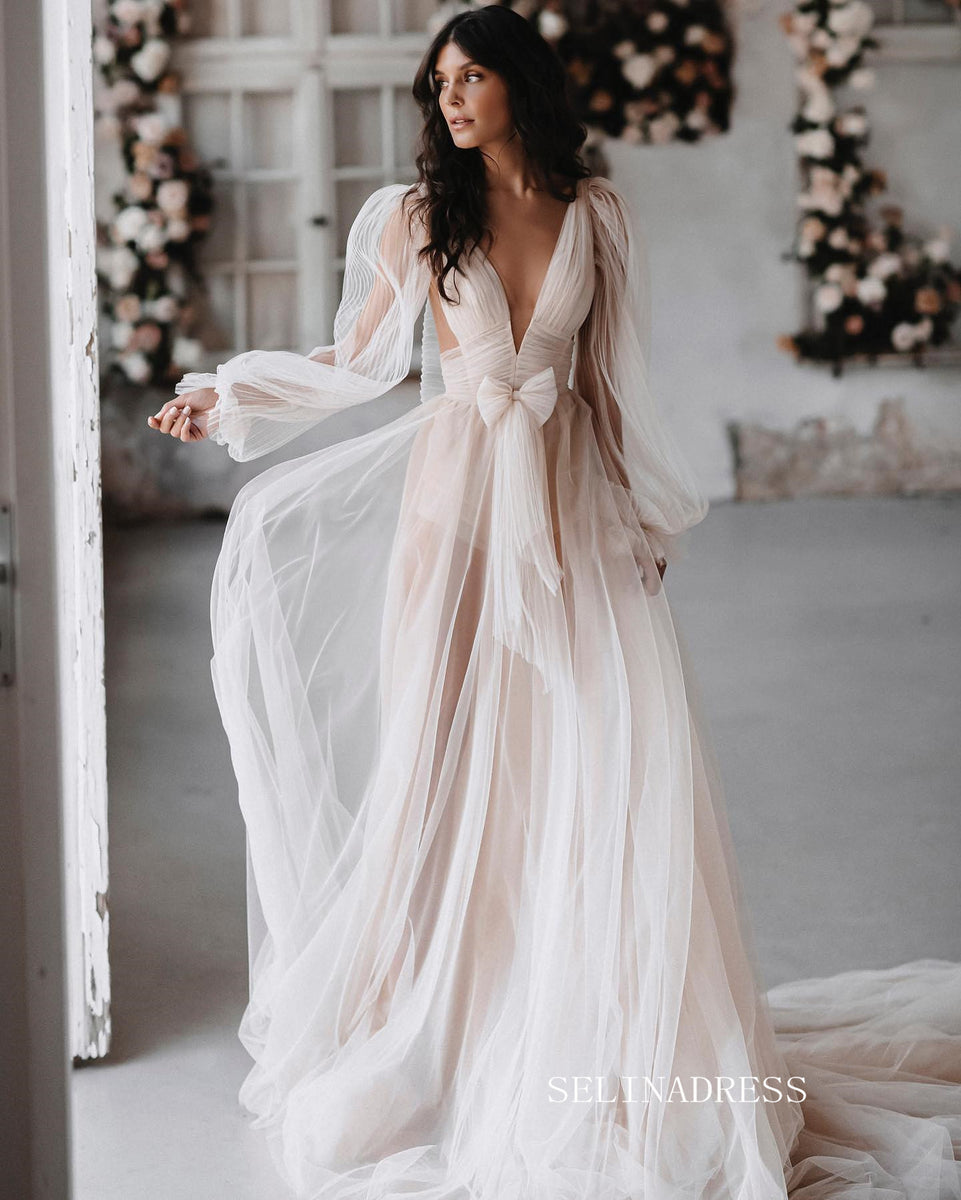 See through Lantern Sleeve Backless Court Train Wedding Dress Bridal G