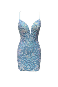 Sheath/Column Cute Bodycon V Neck Blue Lace Homecoming Dresses#TKD089