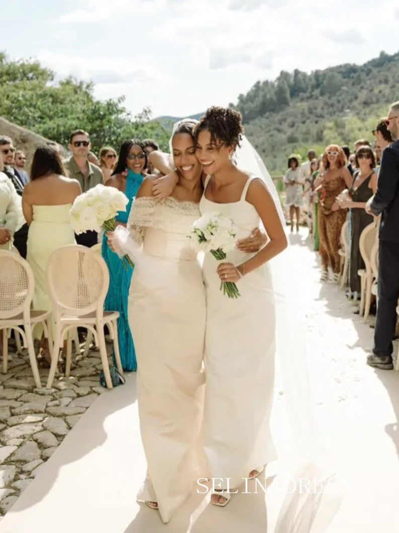 Sheath/Column Off-the-shoulder Lace Wedding Dress With Long Sleeve Wedding Gowns SEA004|Selinadress