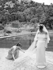 Sheath/Column Off-the-shoulder Lace Wedding Dress With Long Sleeve Wedding Gowns SEA004|Selinadress