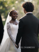 Sheath/Column Off-the-shoulder Lace Wedding Dress With Long Sleeve Wedding Gowns SEA007|Selinadress