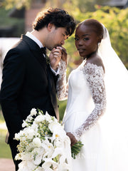 Sheath/Column Off-the-shoulder Lace Wedding Dress With Long Sleeve Wedding Gowns SEA007|Selinadress