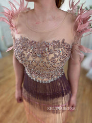 Sheath/Column Ombre Beaded Long Prom Dress High Quality Feather Evening Gowns LA72004|Selinadress