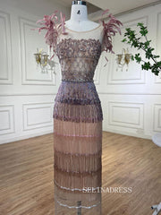 Sheath/Column Ombre Beaded Long Prom Dress High Quality Feather Evening Gowns LA72004|Selinadress