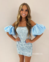 Sheath/Column Puff Sleeve Short Prom Dress Light Sky Blue Sequins Homecoming Dress JKW002|Selinadress