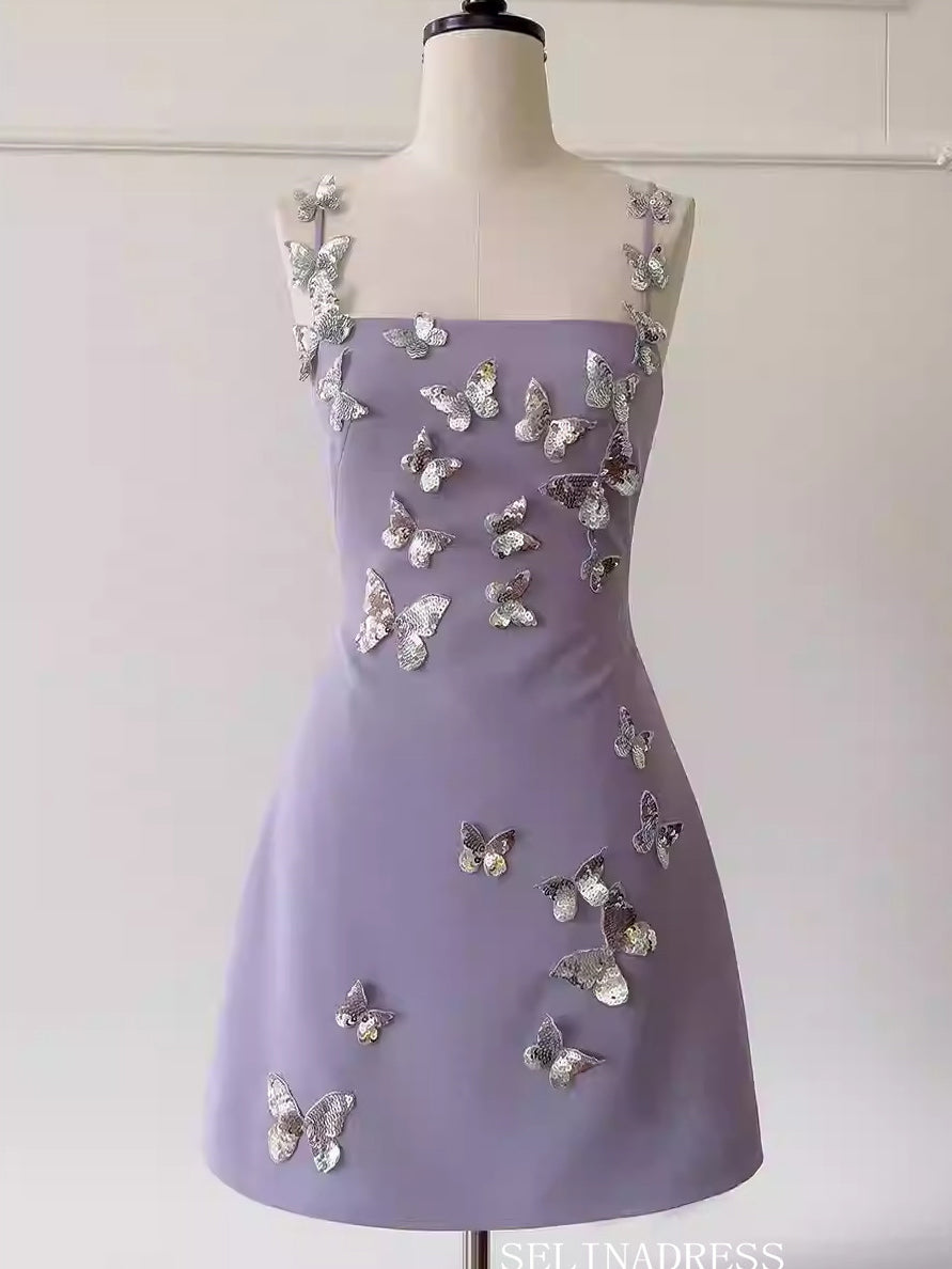 Sheath/Column Spaghetti Straps Cute Lilac Short Prom Dress Elegant Homecoming Dresses #ANN008|Selinadress