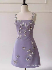Sheath/Column Spaghetti Straps Cute Lilac Short Prom Dress Elegant Homecoming Dresses #ANN008|Selinadress