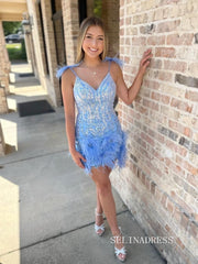 Sheath/Column Spaghetti Straps Feather Sequins Short Homecoming Dress #SEA040|Selinadress