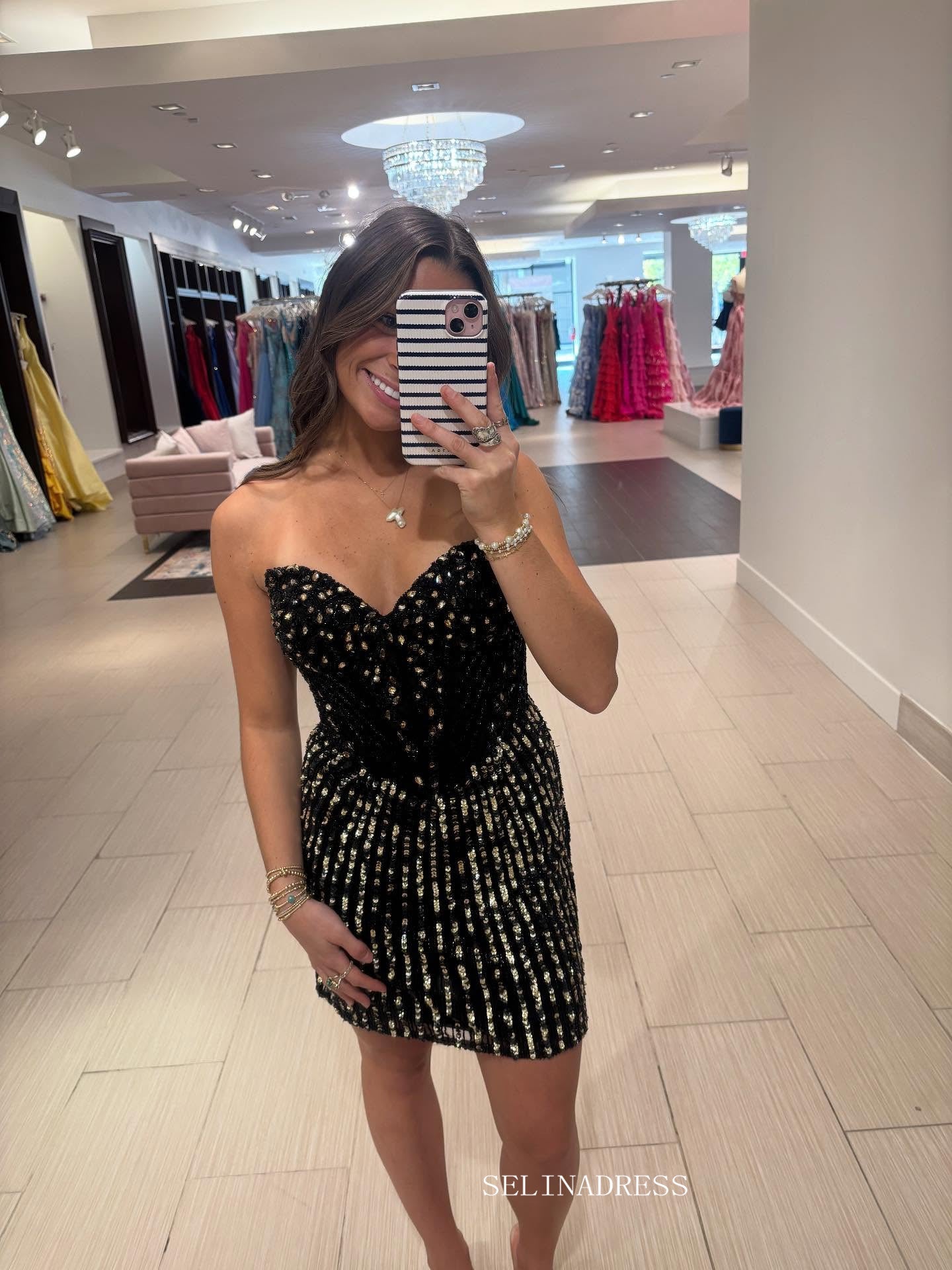 Sheath/Column Strapless Black Beaded Short Homecoming Dresses #TKL609|Selinadress