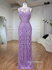 Sheath/Column V Neck lilac Beaded Prom Dresses Luxury Evening Gowns LA72186|Selinadress