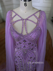 Sheath/Column V Neck lilac Beaded Prom Dresses Luxury Evening Gowns LA72186|Selinadress