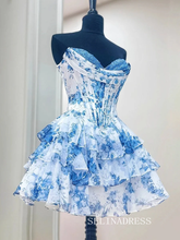 Sky Blue Sweetheart Floral Chiffon Corset Ruffled Homecoming Dresses #SEA260|Selinadress